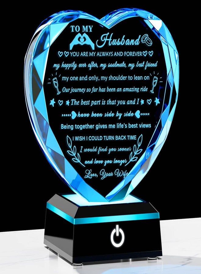YWHL Gifts for Husband from Wife with Colorful LED Base Anniversary Birthday Gifts for Husband to My Husband Crystal Heart keepsake I Love You Gifts for Him on Valentine Christmas Fathers Day - Image 1